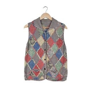 Vintage Sweater Vest S Multi Patchwork Knit Button Front Artsy Cottage Artisian